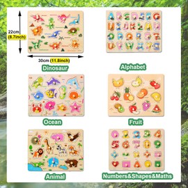 LOYUEGIYO 6PCS Toddler Wooden Peg Puzzle Toys for Age 2-4 3-5 Year Old Boys Girls,Educational Learning Sensory Toy,Puzzles for Toddlers Kids,Dinosaur&Ocean&Alphabet&Number Shape&Animal&Fruit Puzzles