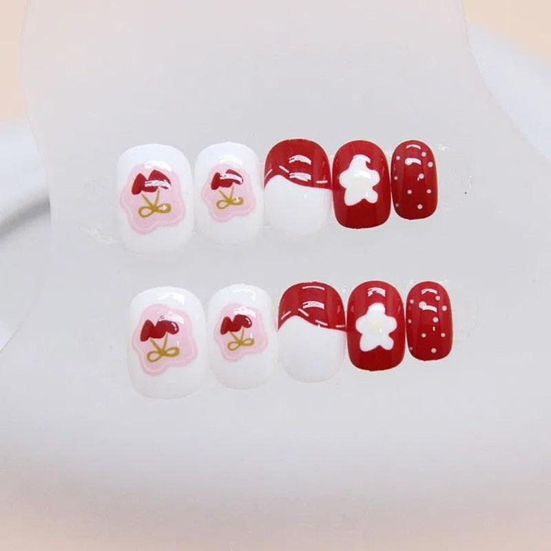 Ztcily Künstliche Nägel für Kinder, kurze rote Nägel mit Kleber,