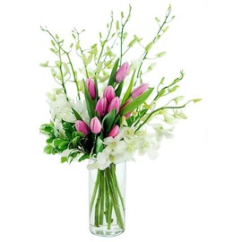 KaBloom PRIME ORVERNIGHT DELIVERY - Bloom Bouquet of 10 Pink Tulip 10 White Tulip With Lush Greens With Vase.Gift for Birthday, Anniversary, Thank You, Valentine, Mother’s Day Fresh Flowers
