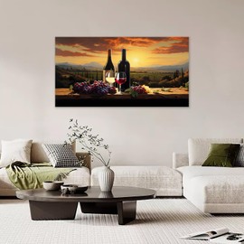 Large Wine Wall Art Sunset Grape Canvas Oversize Living Room Kitchen Pictures Framed Prints Cups Modern Wall Decor Painting Artwork for Bedroom Dining Office Home 60"x30"