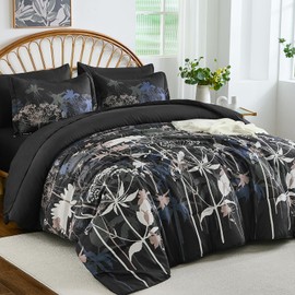 Drucon Black Floral Comforter Set King Size, 7 Piece Dandelion Botanical Plant Comforter Bedding Set, Bed in a Bag King, Soft Microfiber Complete Bedding Set with Sheets for All Season