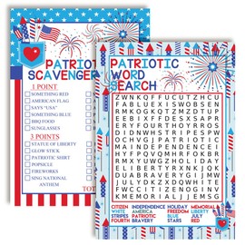 Amanda Creation Food, Friends & Fireworks Word Search and Scavenger Hunt Patriotic Game Cards, Ten 5" x 7" Fill-in Game Cards