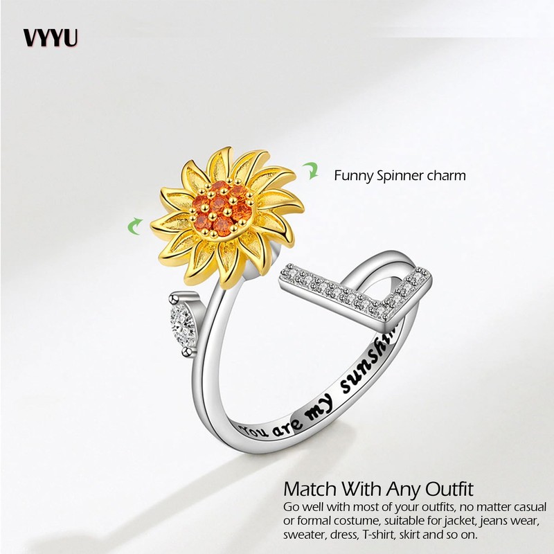 VYYU Fidget Ring with Beautiful Sunflower & Initial Letter ABC
