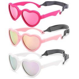 COASION Baby's First Sunglasses with Strap, 3 Pack Unbreakable Polarized Newborn Infant Heart Sunglasses for Ages 0-24 Months (White/Purple Mirror+Pink/Pink Mirror+Hot Pink/Red Mirror)