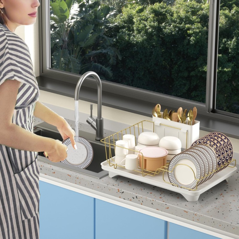 Buruis Dish Drying Rack for Kitchen Countertop, Large Capacity Gold