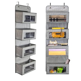 BrilliantJo Over Door Storage Organiser, 4 Pockets Soft Fabric Hanging Storage Organizer with Clear Window for Pantry Baby Nursery Bathroom, Grey-white