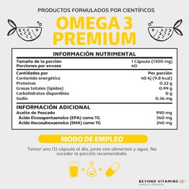 Omega 3 Premium 1000mg | Aceite de Pescado como TG | Alta Pureza y Concentración con Certificados Internacionales | Suplemento Alimenticio Beyond Vitamins - 60 cápsulas