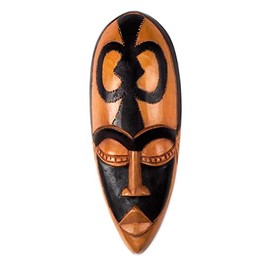 NOVICA Natural Brown and Black Wall Mounted Ghanaian Wood Mask, Beauty and Faith'