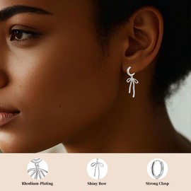 Silver Bow Earrings for Women Ribbon Dangle Hoop Earring Bow Tie Drop Cute Huggie Dangling Bowknot Hoop Lightweight Hypoallergenic Statement Trendy Jewelry Mothers Day Gifts