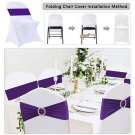 10 Pack White Folding Chair Covers with 10 Pack Purple Chair Sashes Bows for Birthday Wedding Banquet Event Party Chair Decor