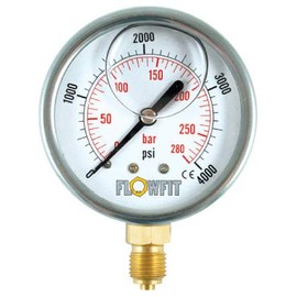 Flowfit Hydraulic Pressure Gauge, Glycerine Filled, 63mm Dial Size, Rated for 0-15 PSI (1 Bar), 1/4" BSP Base Entry