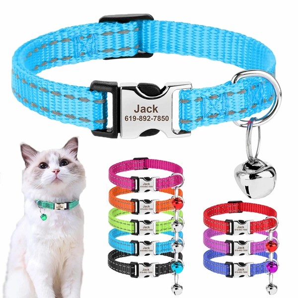 SEOUGEE Personalised Cat Collar with Name Tag, Adjustable Nylon Reflective