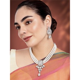 Aheli Crystal Pearl Collar Pendiente Conjunto de joyas tradicionales para mujeres y niñas (blanco)