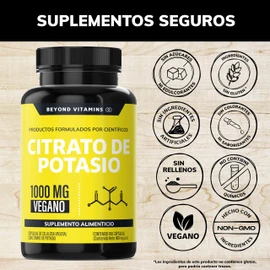 Citrato de Potasio 1000mg | Adicionados con Platano en Polvo, Curcuma y Semilla de uva | Formulado por científicos | Vegano |Sin rellenos| Potassium Citrate -180 cápsulas