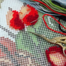 Tit at Her Nest. Needlepoint Kit. Throw Pillow 16×16 Inches. Printed Tapestry Canvas, European Quality