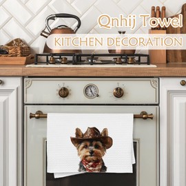 Qnhij Westren Yorkie Kitchen Towels, Yorkshire Terrier Gifts for Women Decorative Hand Towels for Bathroom, Funny Western Cowboy Yorkshire Terrier Dish Tea Towels for Kitchen, 16x24 Inch
