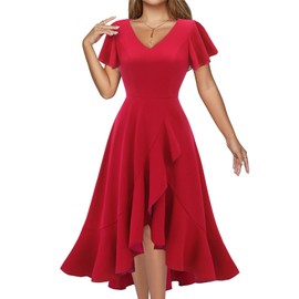 DRESSTELLS Women's Cocktail Wedding Guest Dresses V Neck Wrap Semi Formal Elegant Dress 2025 Valentines Gowns Evening Dresses for Evening Red L