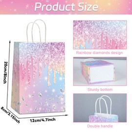 Naozinebi 12Pcs Iridescent Diamond Birthday Gift Bags Glitter Diamond Goodie Bag Happy Birthday Treat Bag Colorful Glitter Candy Bag Supply for Wedding Bridal Baby Shower Party Favors Decorations 4.7*3.15*8inch