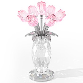 Movdyka Glass Rose Flower Pink Roses Bouquet Home Decor Crystal Gifts for Women Collectible Blown Glass Figurines Desk Ornaments Wedding Decor Valentines for Wife Mom