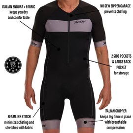Zoot Men’s Core Aero Tri Racesuit – Short Sleeve Triathlon Suit for Men, Italian Primo Fabric, 3 Pockets, and Bike Padding (Graphite, X-Large)