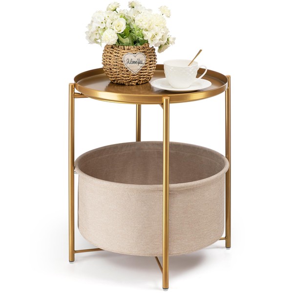 danpinera Round Side Table with Fabric Storage Basket, Metal Small