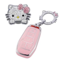 Pangpai Pink Car Accessories 3 Pcs for Ford F-150 Explorer Mustang Edge Lincoln MKZ MKX MKC Key Fob Cover with Bling Keychain Cute Push to Start Button Cover