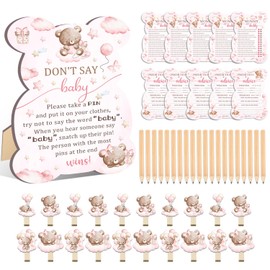61 Pcs Baby Shower Game Set, Included Predictions advice, Mommy or Daddy, Gender Reveal Supplies, 1 Don't Say Baby Sign 20 Pencils 20 Clothespin, Pink Bear Baby Shower Party Decorations