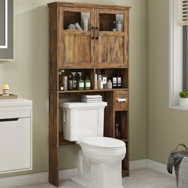 Vabches Over The Toilet Storage Cabinet, Storage Cabinet Over Toilet with Double Doors & Toilet Paper Holder Stand, Freestanding Toilet Shelf Space Saver with Anti-Tip Design & Adjustable Shelf, Brown