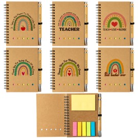 ANGOLIO Teacher Sticky Notes Set - 12Pcs Rainbow Wirebound Spiral Notebook Kraft Cover Notepads Colored Sticky Notes Flags with Bamboo Pens for Appreciation Thank You Gift Students Office Supplies
