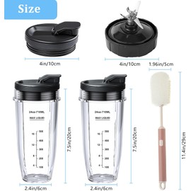 Paquete de 6 vasos de repuesto y cuchilla de Ninja para licuadora y 7 aletas de repuesto con cepillo para polvo de limpieza, compatible con Nutri Ninja Auto iQ BN801 BL480 BL640 BL642 NN100 BL2012