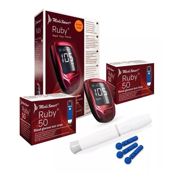 MEDISMART - KABLA Kit Ruby Con Glucómetro, 100 Tiras, Lancetas Y Portalancetas