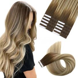 XDhair Tape In Hair Extensions Human Hair 50g 20pcs 18 Inch Balayage Ombre Walnut Brown to Ash Brown and Blonde Tape in Hair Extensions(#3/8/22,18Inch)