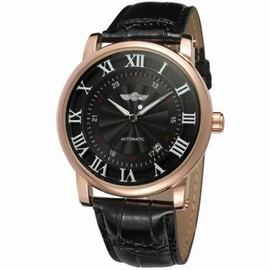 Winner Men Casual Simple Round Dial PU Strap Mechanical Movement Watch (Black+Rose Gold)