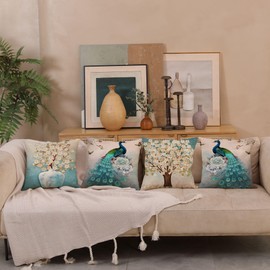 Wilproo Peacock Light Blue Throw Pillows Covers 18x18 for Bed Set of 4 Geometric Sky Blue Abstract Decorative Throw Pillow Case Outdoor Square Velvet 18 x 18 inch for Living Room Couch Sofa Decor