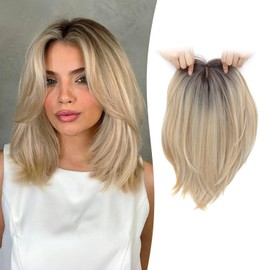 Megito Hair Topper 12inch Clip in Synthetic Hair Toppers for Women with Thinning Hair Layered 6.5"X6.5" Big Base Toppers Hair Pieces for Women Daily Use Blonde with dark root