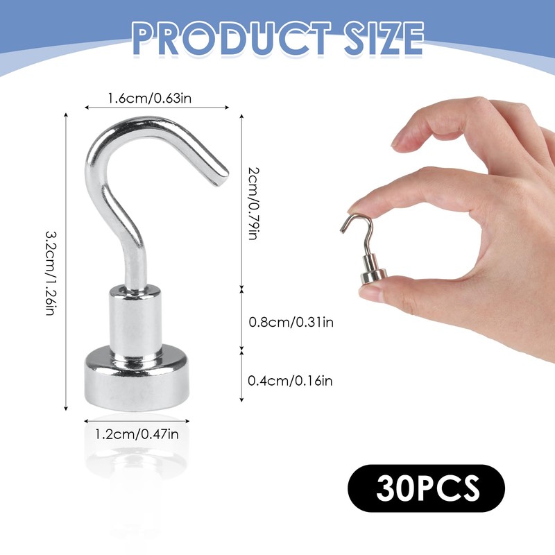 30 PCS Magnetic Hooks, Neodymium Strong Magnet Hooks, Heavy Duty
