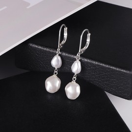 Silver Pearl Dangle Earrings for Women，925 Sterling Silver Double Pearl Drop Earrings，Leverback Baroque Irregular Pearl Hypoallergenic Earrings