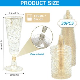 Champagne Flutes, 30 Transparent Champagne Flutes Made of High-Quality Plastic with Gold Glitter, Cocktail, Dessert, Stemware 150 ml, Reusable, Suitable for Weddings, Birthdays and Parties (Gold)