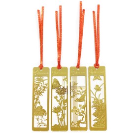 ANAMI Bookmark Bookmarker, Bookmarker, Shikunko, Plum, Orchid, Bamboo Chrysanthemum, Openwork Carved, Old Fashioned, Classic, Floral Print, Gold, Metal, Novel, Notebook, Set of 4 (1)