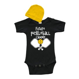 PandoraTees Fathers' Day Gift, Short Sleeve Baby Bodysuit and Cap Set - Future Pickleball Champ (Black, 6-12 Months)