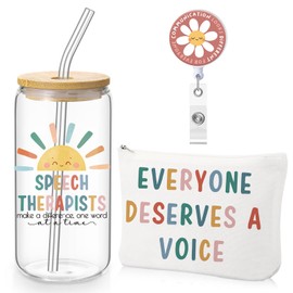 3 Pcs Speech Therapist Appreciation Gifts Set Included 16 oz Glass Cups with Lid Makeup Bag Badge Reel Gift for Speech-language Pathologist Nursing Assistant