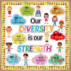 Diversity Bulletin Board Decoration Set Diverse Students Borders Cutouts for Party School Classroom Door Welcome Bulletin Board Craft Home Wall(Our Diversity is Our Strength)