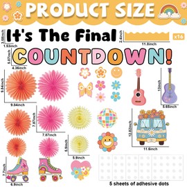 End of Year Classroom Bulletin Board Decoration Set with 3D Paper Fans It's The Final Countdown Cutouts Groovy Rainbow Retro Bulletin Board Decoration for Classroom School Home Wall Door Party Decor
