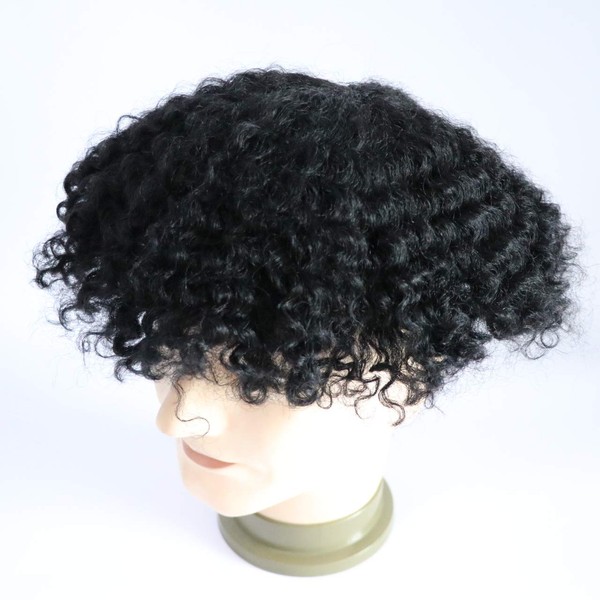 lumeng Toupee for Men Afro Kinky Curly Skin PU Human Hair Wigs Human Hair 360 Wave Toupee hair system 1# jet black None Lace Full Wig for Men (8X10)