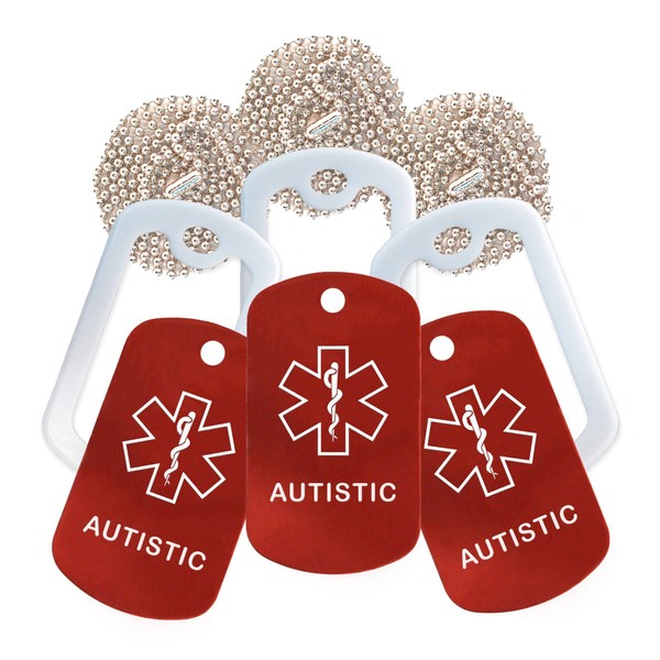Autistic Medical Alert ID Necklace - 3 Pack - Red Tag, White Silencer, and 30'' USA Chain - 154 Colors Choices