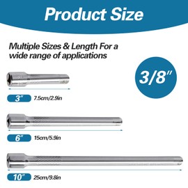 3/8 Extension, 3-Piece Socket Spanner Extension Chrome Vanadium Steel Ratchet Extension 75 mm 150 mm 250 mm Tilt Extension Set for Impact Wrench Ratchet Ratchet