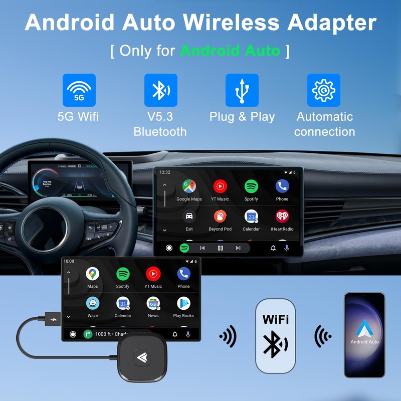 LXJADAP Adaptador inalámbrico Android automático, Adaptador inalámbrico Android para Coche,