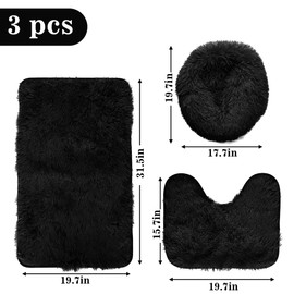 Eanpet Shaggy Bathroom Rugs Sets 3Piece Black Bath Mat for Bathroom Non-Slip Bathroom Mats Water Absorbent Bath Rug Floor Mats Soft Washable Shower Rug with U-Shaped Contour Rug Toilet Lid Cover
