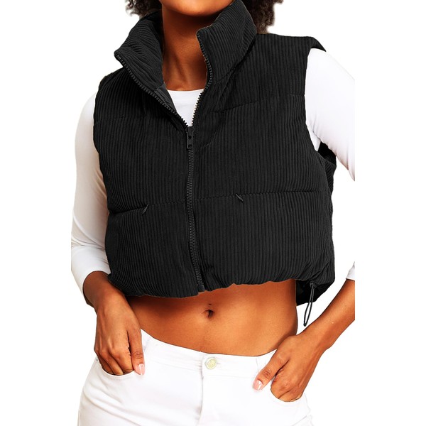 ELLEVEN Corduroy Cropped Puffer Vest for Women High Stand Collar