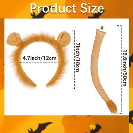 2 Pieces Lion Ears Tail Costume Accessories Set – Plush Lion Ears Headband with Faux Fur Mane and Long Tail for Kids and Adults, Jungle Safari Party, Halloween Dress-Up, and Animal-Themed Events